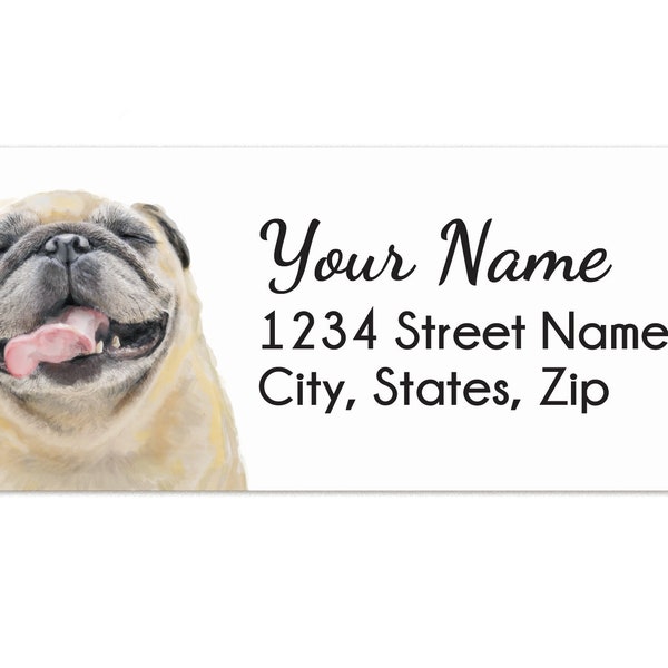 gepersonaliseerde mopshond geschenken voor hondenliefhebbers, 120 adres label sticker met gelukkige schattige mopshond aquarel kunst, hond ouders cadeau