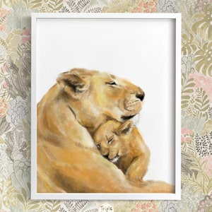Lion Mom and Cub Art Print, Baby Lion King, Mom Gift, Gender Neutral Nursery Safari Animal Art, Busy Wife Mama Boss