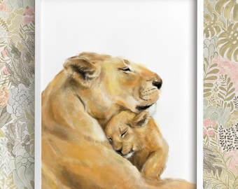 May include: A watercolor painting of a lioness and her cub. The lioness is curled around her cub, with her head resting on the cub's back. Both animals have a soft, golden fur.