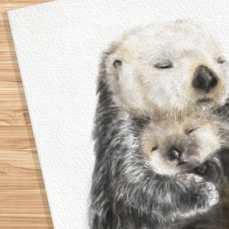 May include: A watercolor painting of two sea otters, one adult and one baby, cuddling together. The adult otter is brown and gray with a white face, and the baby otter is light brown with a white face. Both otters have their eyes closed and appear to be sleeping.