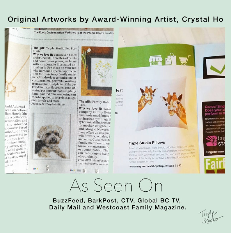 Pu&ograve; includere: Pagina di rivista con opere d'arte di Crystal Ho. Include un cuscino con illustrazioni di giraffe, una stampa botanica incorniciata e un ritratto di animali domestici. Il testo recita "As Seen On" con i media elencati.