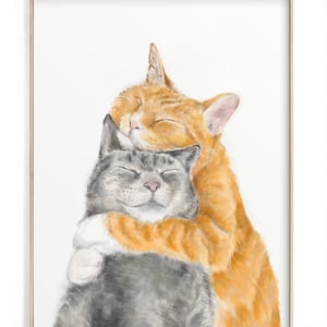 Cat Snuggles in Love Art Print anniversary, poster, sweet cute adorable wall decor nursery, gift for wife, her wedding, friendship image 1