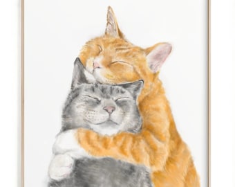 Cat Snuggles in Love Art Print - anniversary, poster, sweet cute adorable wall decor nursery, gift for wife, her wedding, friendship