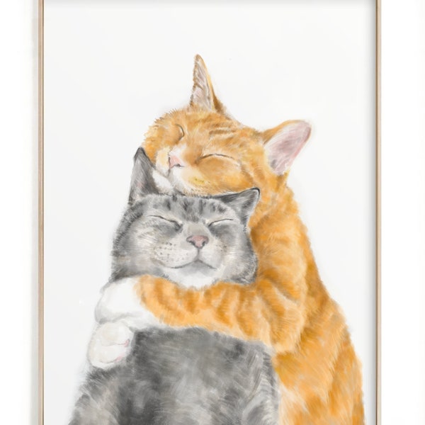 Stampa artistica di gatto coccole innamorate - anniversario, poster, dolce e adorabile decorazione da parete, regalo per la moglie, il suo matrimonio, amicizia