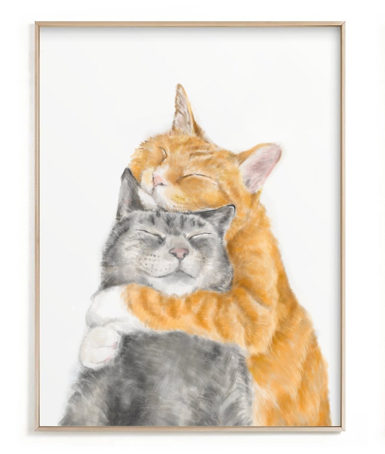 Cat Snuggles in Love Art Print anniversary, poster, sweet cute adorable wall decor nursery, gift for wife, her wedding, friendship image 1