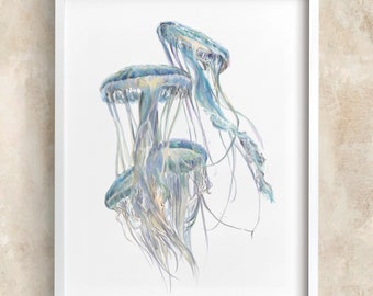 Mesmerizing Moon Jellyfish Watercolor Painting - Modern Ocean Wall Art for Tranquil Home Décor | Signed by Artist