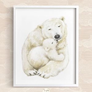 Cuddle Up with Cuteness: Baby Polar Bear and Mom Wall Art Print | Watercolor Painting for Gender Neutral Nursery Decor - Signed by Artist