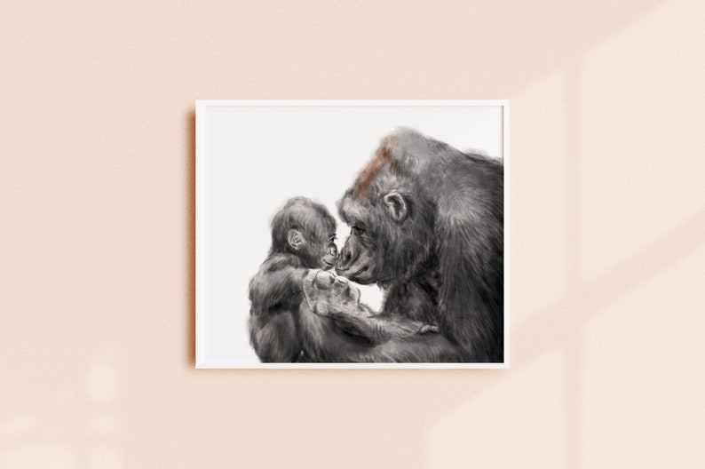 Watercolor Gorilla Mom and Baby Art Print, Gender Neutral Nursery image 2