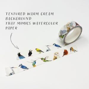 May include: A roll of decorative washi tape featuring a repeating pattern of various colourful birds including owls, hummingbirds, and blue jays on a textured warm cream background that mimics watercolour paper, with the text Triple Studio.