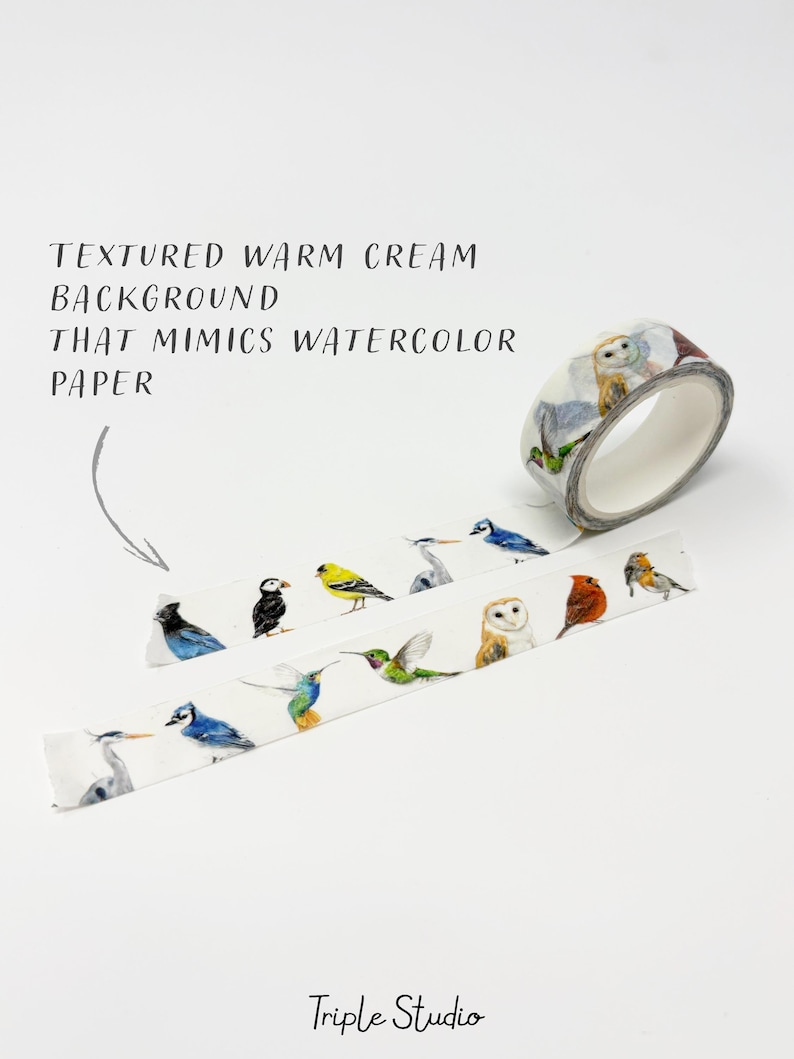 May include: A roll of decorative washi tape featuring a repeating pattern of various colourful birds including owls, hummingbirds, and blue jays on a textured warm cream background that mimics watercolour paper, with the text Triple Studio.