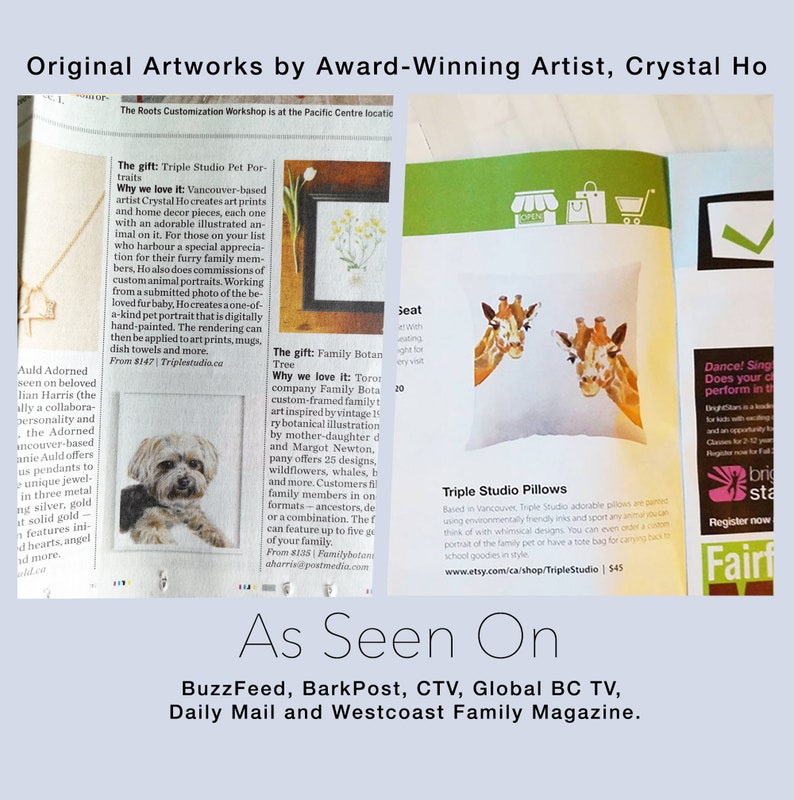 May include: A magazine page featuring artwork by Crystal Ho, an award-winning artist. The page includes a photo of a giraffe pillow, a description of the artist's work, and a list of publications that have featured her work. The text reads "Original Artworks by Award-Winning Artist, Crystal Ho" and "As Seen On: BuzzFeed, BarkPost, CTV, Global BC TV, Daily Mail and Westcoast Family Magazine."
