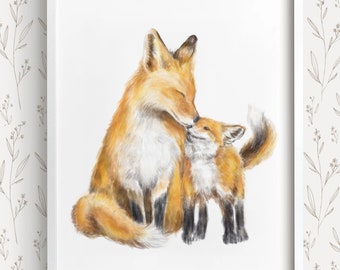 Baby Fox and Mom Art Print for Boho Nursery Room, Woodland Baby Animal Painting for Best Wife Mama