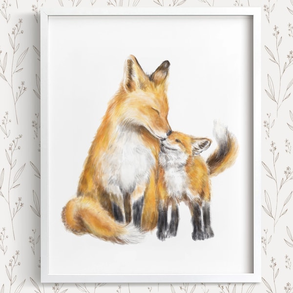 Baby Fox and Mom Art Print for Boho Nursery Room, Woodland Baby Animal Painting for Best Wife Mama