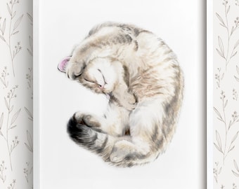 Cuddly Tabby Cat Watercolor Painting, Home Wall Decor, Art Print, Crazy Cat Lady, Cat Lover Gift, Minimal, British Shorthair for Cat Mom