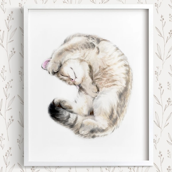 Cuddly Tabby Cat Watercolor Painting, Home Wall Decor, Art Print, Crazy Cat Lady, Cat Lover Gift, Minimal, British Shorthair for Cat Mom