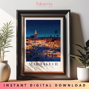 May include: Framed digital art print of Marrakech, Morocco, at night. The image shows a bustling marketplace with illuminated stalls and a minaret under a starry sky. The print is in a black frame and includes the text "MARRAKECH MOROCCO".