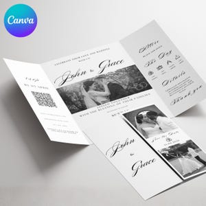 May include: A white wedding invitation with the names "John & Grace" in elegant script. The invitation includes a black and white photo of a couple, along with details about the wedding, and a QR code.