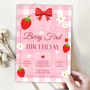 berry first birthday invitation, editable canva template, strawberry themed party invite, kids birthday invitation, digital download invite, customizable birthday flyer