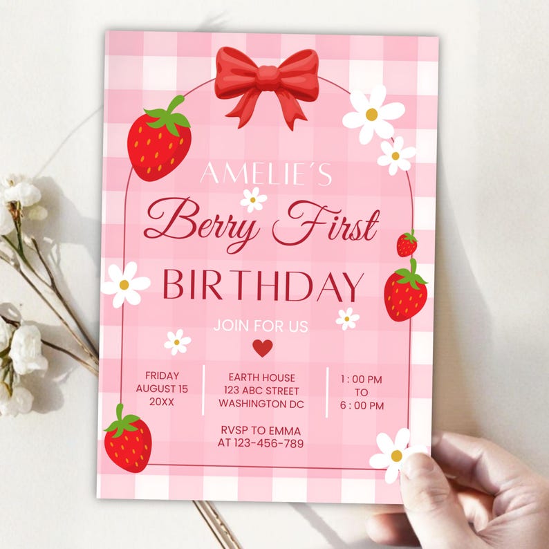 berry first birthday invitation, editable canva template, strawberry themed party invite, kids birthday invitation, digital download invite, customizable birthday flyer
