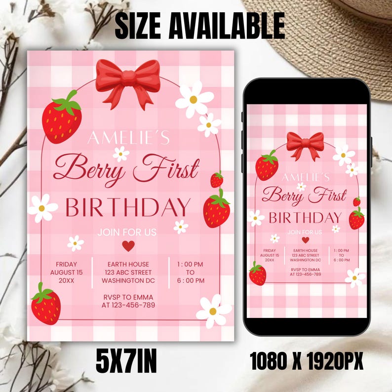 berry first birthday invitation, editable canva template, strawberry themed party invite, kids birthday invitation, digital download invite, customizable birthday flyer