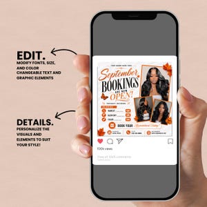 September Booking Flyer, September Books Open, Fall SZN, Wig hair, Install, Lash Nail Braids, , Editable Canva Fall Booking Flyer, Canva Text