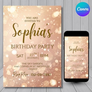 Puede incluir: Una invitación digital para la fiesta de cumpleaños de Sofía, con un fondo dorado y beige con efecto bokeh. El texto dice "Estás invitado/a a la fiesta de cumpleaños de Sofía" con detalles de fecha, hora y lugar. Un smartphone muestra la misma invitación.