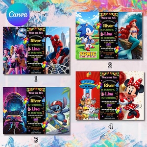 Op de afbeelding: Vier kleurrijke uitnodigingen voor een verjaardagsfeestje met populaire personages: Spider-Man, Sonic, Ariel, Stitch en Minnie Mouse. Elke kaart bevat de tekst "Twice the Fun" en feestdetails.