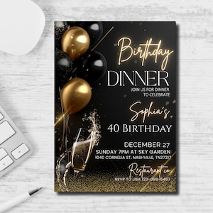 "Elegant black and gold birthday dinner invitation template, featuring a classy design with a luxurious feel, perfect for a formal celebration."