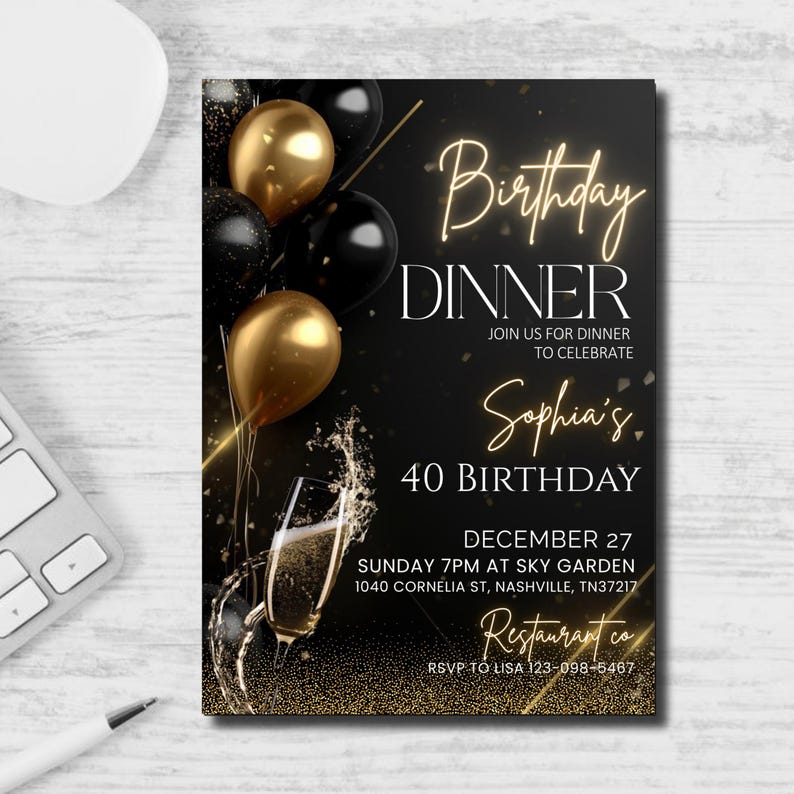 "Elegant black and gold birthday dinner invitation template, featuring a classy design with a luxurious feel, perfect for a formal celebration."