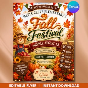 Editable Fall Festival Flyer Template, Autumn Harvest Festival Invitation, Pumpkin Patch Event Flyer, Canva, Instant Download