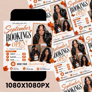 September Booking Flyer, September Books Open, Fall SZN, Wig hair, Install, Lash Nail Braids, , Editable Canva Fall Booking Flyer, Canva Text