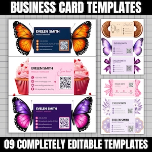 May include: A collection of business card templates with various designs. The cards feature butterfly, cupcake, and ribbon themes. Each card includes the name "EVELEN SMITH" and contact information. The text "BUSINESS CARD TEMPLATES" and "09 COMPLETELY EDITABLE TEMPLATES" are also visible.