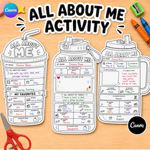 May include: Three white paper activity sheets shaped like drink containers with black outlines and text. Each sheet is titled All About Me and contains fill-in-the-blank sections for personal information, family details, and favorite things, with some fields filled in with colorful ink.