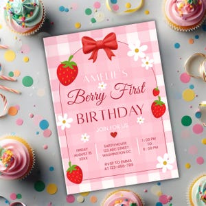 berry first birthday invitation, editable canva template, strawberry themed party invite, kids birthday invitation, digital download invite, customizable birthday flyer