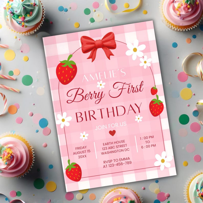 berry first birthday invitation, editable canva template, strawberry themed party invite, kids birthday invitation, digital download invite, customizable birthday flyer