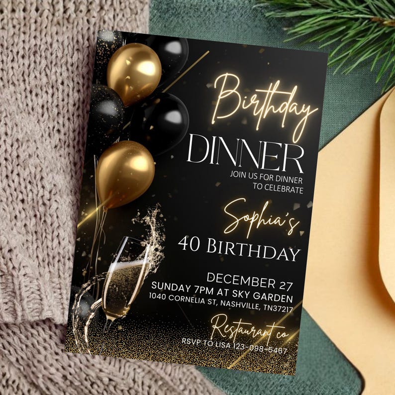 "Elegant black and gold birthday dinner invitation template, featuring a classy design with a luxurious feel, perfect for a formal celebration."