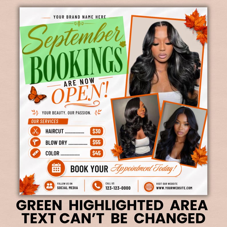 September Booking Flyer, September Books Open, Fall SZN, Wig hair, Install, Lash Nail Braids, , Editable Canva Fall Booking Flyer, Canva Text