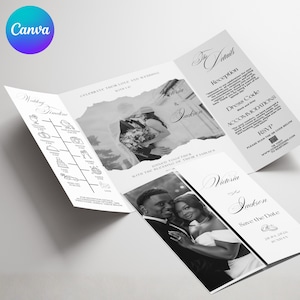 May include: A tri-fold wedding invitation with black and white photos of the couple. The invitation includes the names "Victoria and Jackson", wedding details, and a wedding timeline. The Canva logo is in the upper left corner.
