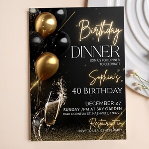 "Elegant black and gold birthday dinner invitation template, featuring a classy design with a luxurious feel, perfect for a formal celebration."