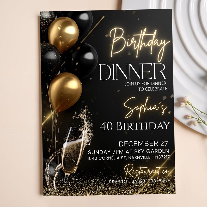 "Elegant black and gold birthday dinner invitation template, featuring a classy design with a luxurious feel, perfect for a formal celebration."