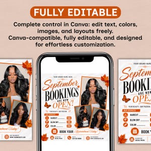 September Booking Flyer, September Books Open, Fall SZN, Wig hair, Install, Lash Nail Braids, , Editable Canva Fall Booking Flyer, Canva Text