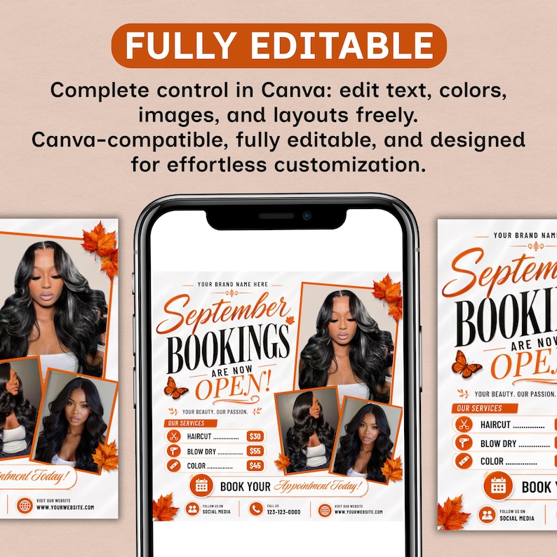 September Booking Flyer, September Books Open, Fall SZN, Wig hair, Install, Lash Nail Braids, , Editable Canva Fall Booking Flyer, Canva Text