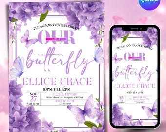 Invitación de mariposa, invitación de cumpleaños de mariposa, invitación con temática de mariposa morada, fiesta de mariposas, descarga instantánea, Canva editable