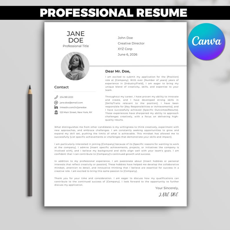 Modern Resume Template With Photo, 2026 Professional CV for Mac Pages ...