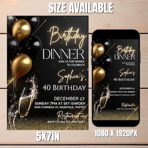 "Elegant black and gold birthday dinner invitation template, featuring a classy design with a luxurious feel, perfect for a formal celebration."