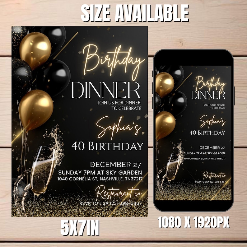 "Elegant black and gold birthday dinner invitation template, featuring a classy design with a luxurious feel, perfect for a formal celebration."