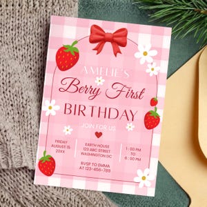 berry first birthday invitation, editable canva template, strawberry themed party invite, kids birthday invitation, digital download invite, customizable birthday flyer