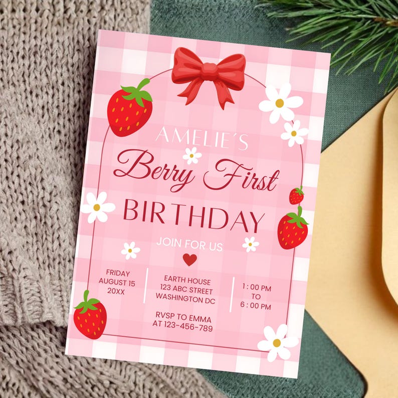 berry first birthday invitation, editable canva template, strawberry themed party invite, kids birthday invitation, digital download invite, customizable birthday flyer