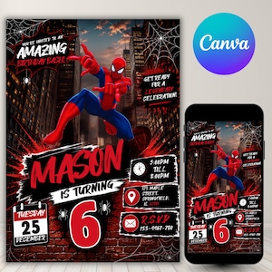 May include: A birthday invitation template featuring a red and blue superhero in a city setting with spiderwebs. Text includes: YOU'RE INVITED TO AN AMAZING BIRTHDAY BASH, MASON IS TURNING 6, 5:00PM TILL 8:00PM, 125 MAPLE STREET, SPRINGFIELD, IL 62701, R.S.V.P 133-4467-780.