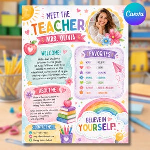 Meet The Teacher Template, Editable Classroom Welcome Poster, Teacher Introduction Board, Back To School Canva Digital Download